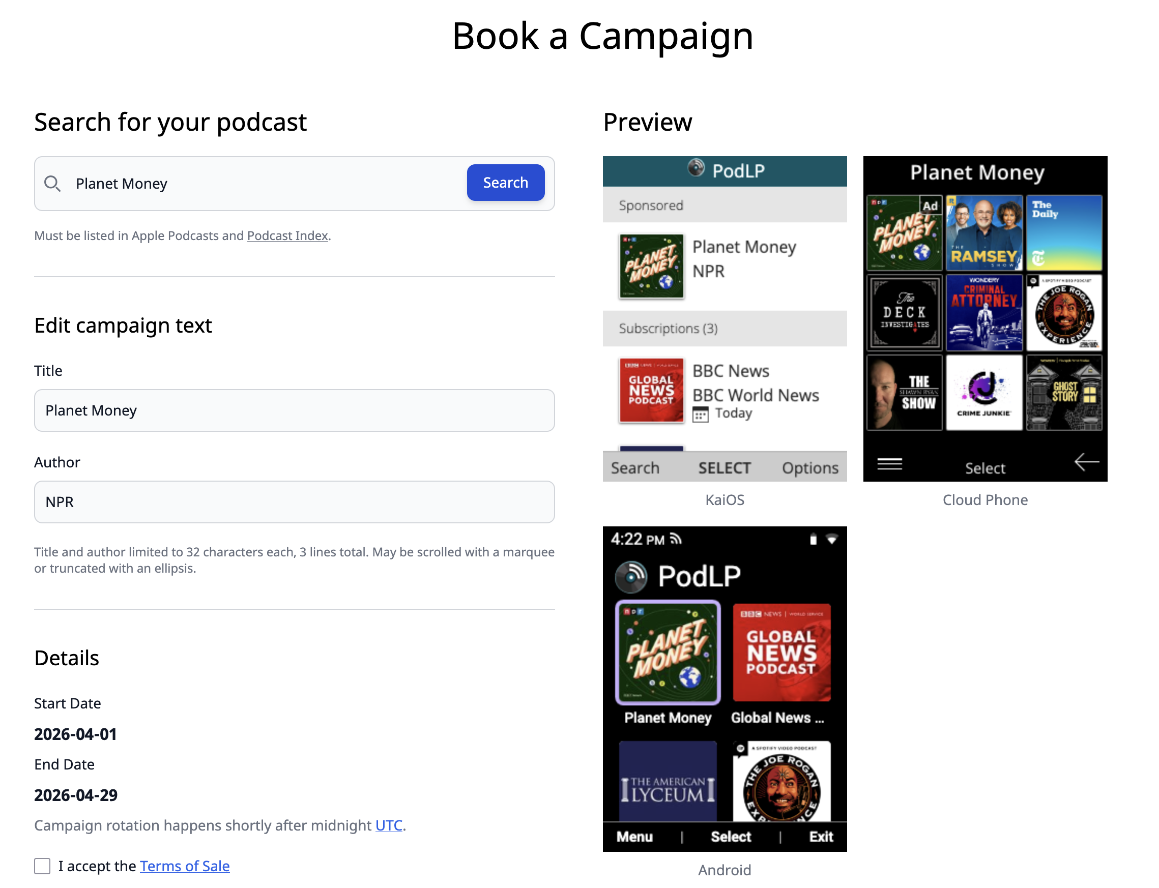 PodLP Sponsor Portal preview tool showing Planet Money on several platforms